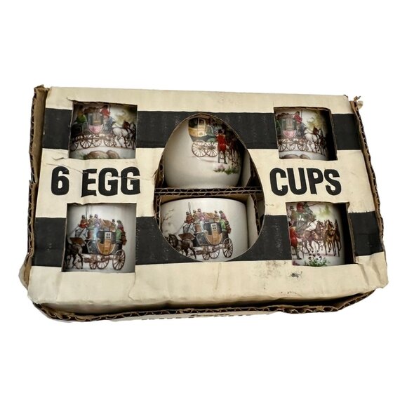 Churchill Egg Cups China British Coach Scenes Set 6 Original Box Vintage New UK - Picture 1 of 14
